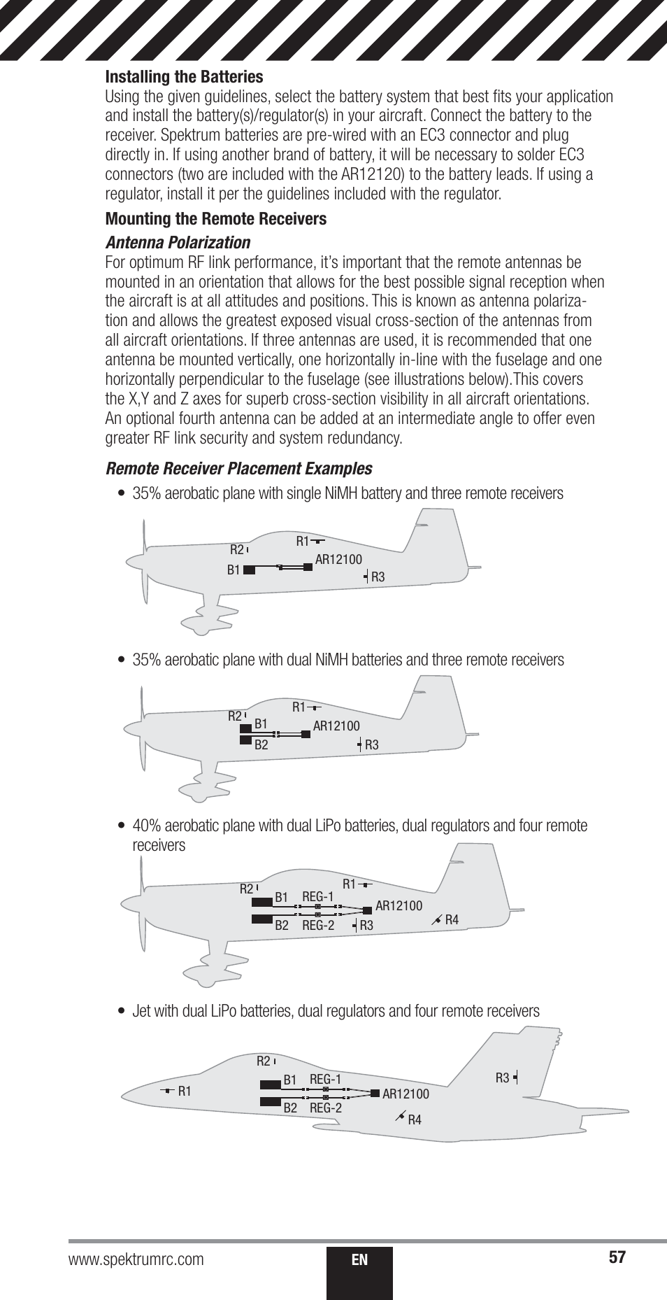 Remote receiver placement examples | Spektrum SPM18000 DX18QQ User Manual | Page 57 / 74
