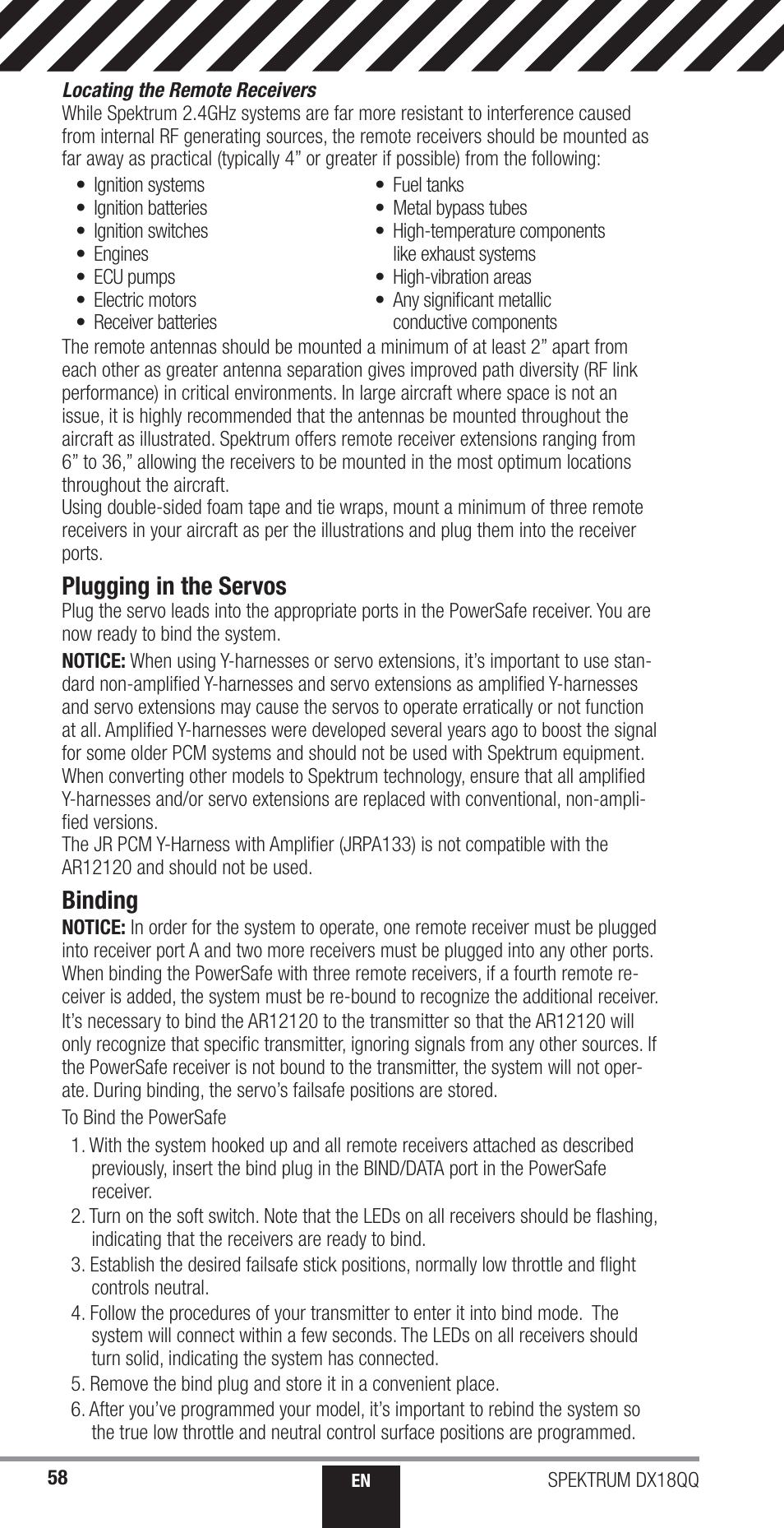 Plugging in the servos, Binding | Spektrum SPM18000 DX18QQ User Manual | Page 58 / 74