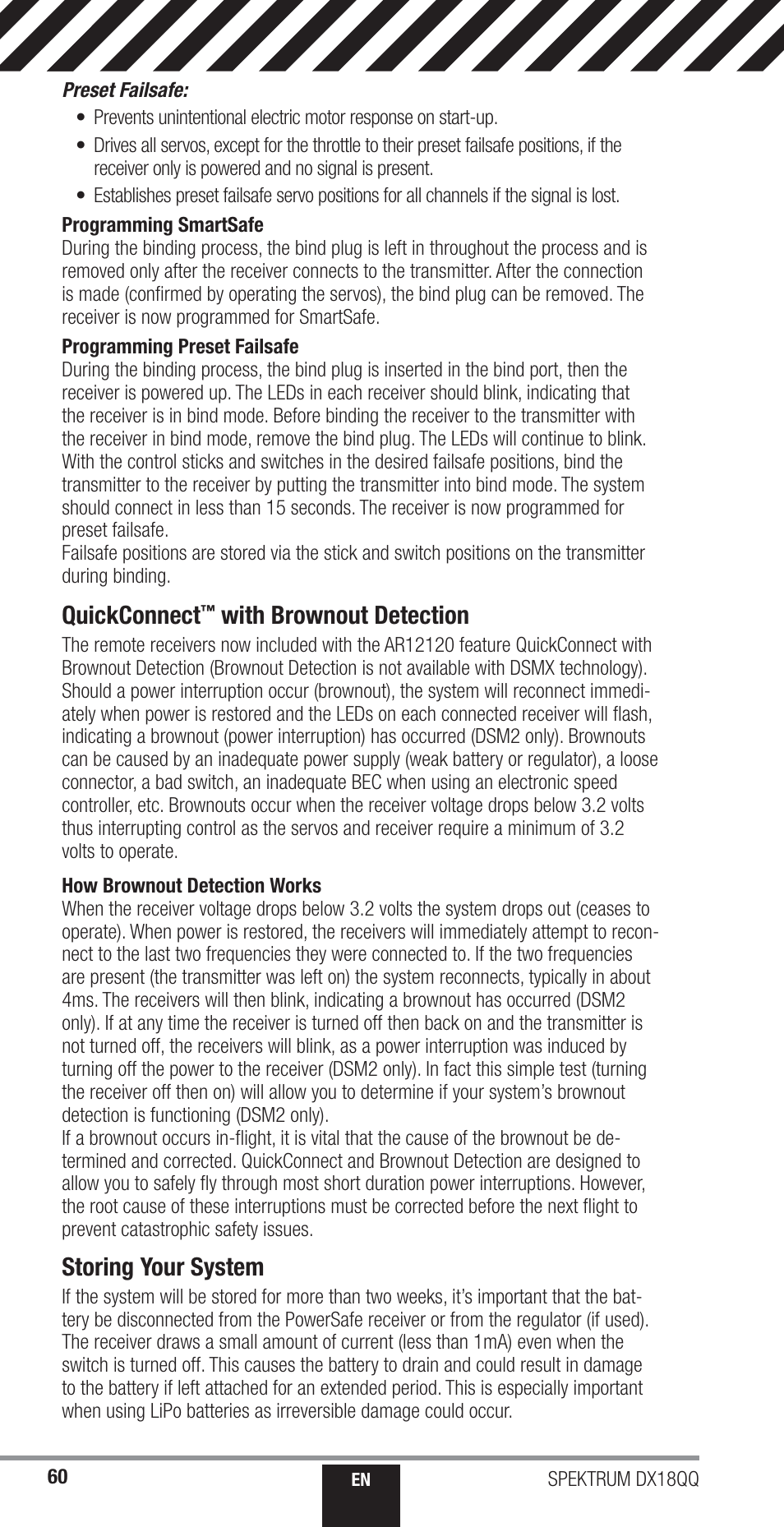 Quickconnect, With brownout detection, Storing your system | Spektrum SPM18000 DX18QQ User Manual | Page 60 / 74