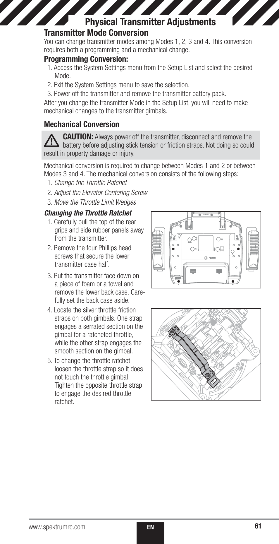 Physical transmitter adjustments, Transmitter mode conversion | Spektrum SPM18000 DX18QQ User Manual | Page 61 / 74