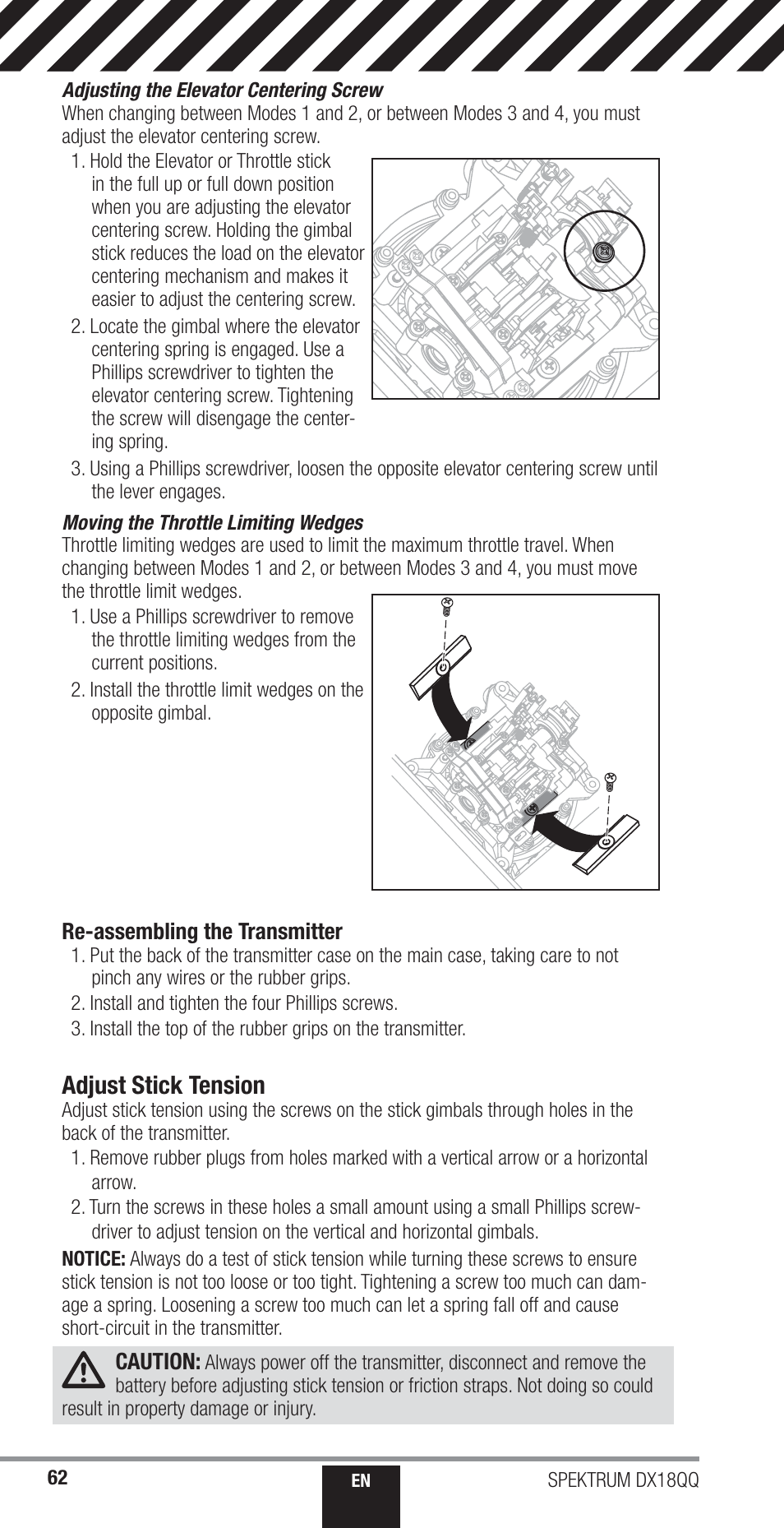 Adjust stick tension | Spektrum SPM18000 DX18QQ User Manual | Page 62 / 74