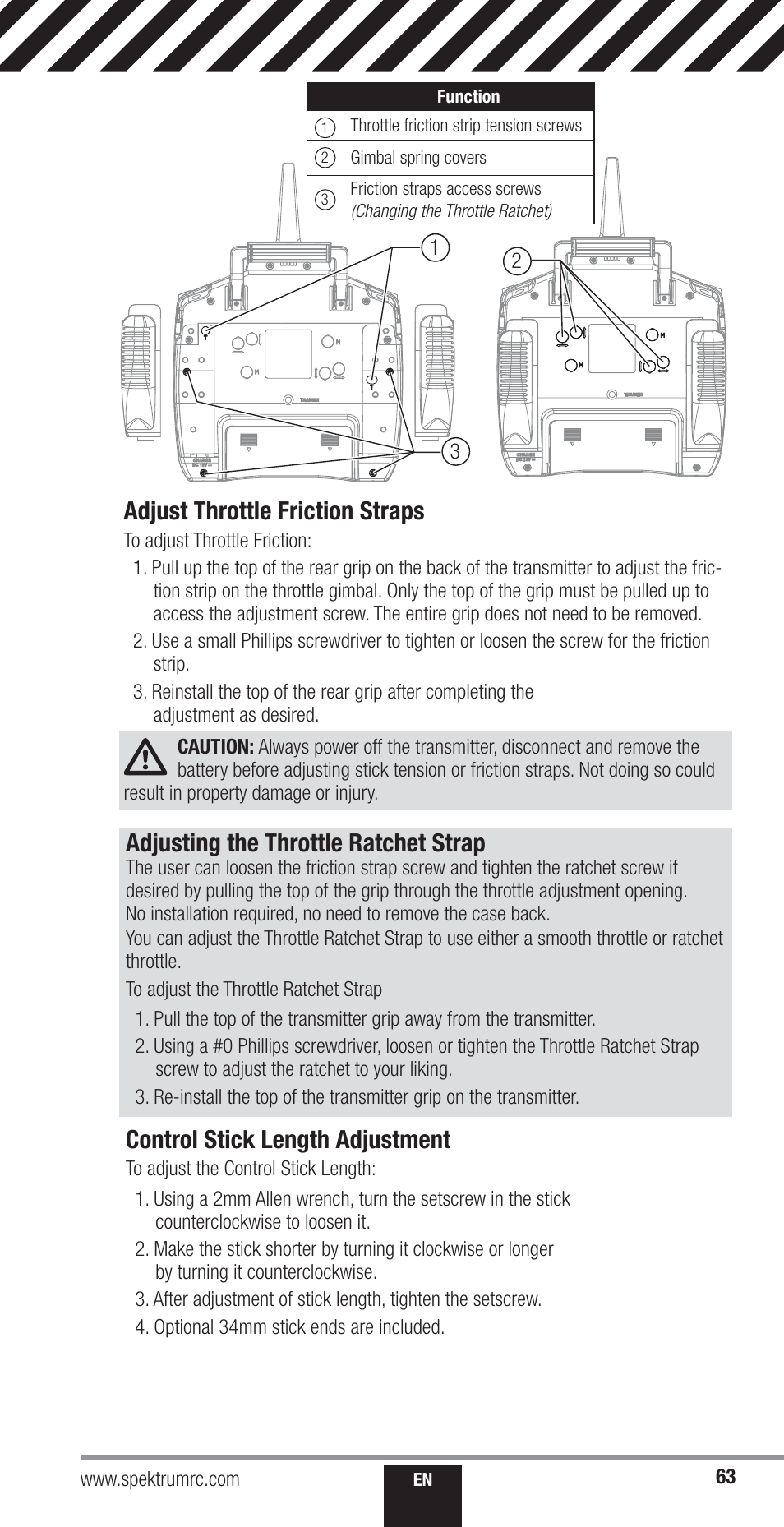 Adjusting the throttle ratchet strap, Adjust throttle friction straps, Control stick length adjustment | Spektrum SPM18000 DX18QQ User Manual | Page 63 / 74