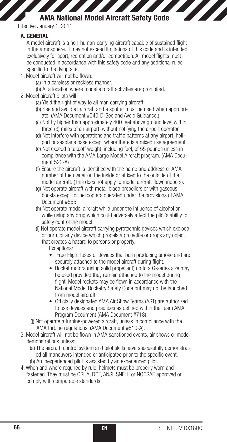 Ama national model aircraft safety code | Spektrum SPM18000 DX18QQ User Manual | Page 66 / 74