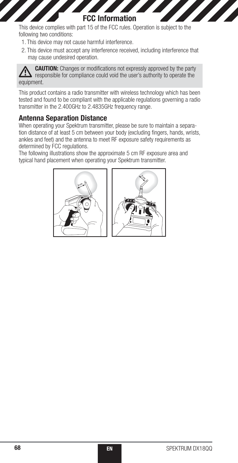 Fcc information, Antenna separation distance | Spektrum SPM18000 DX18QQ User Manual | Page 68 / 74