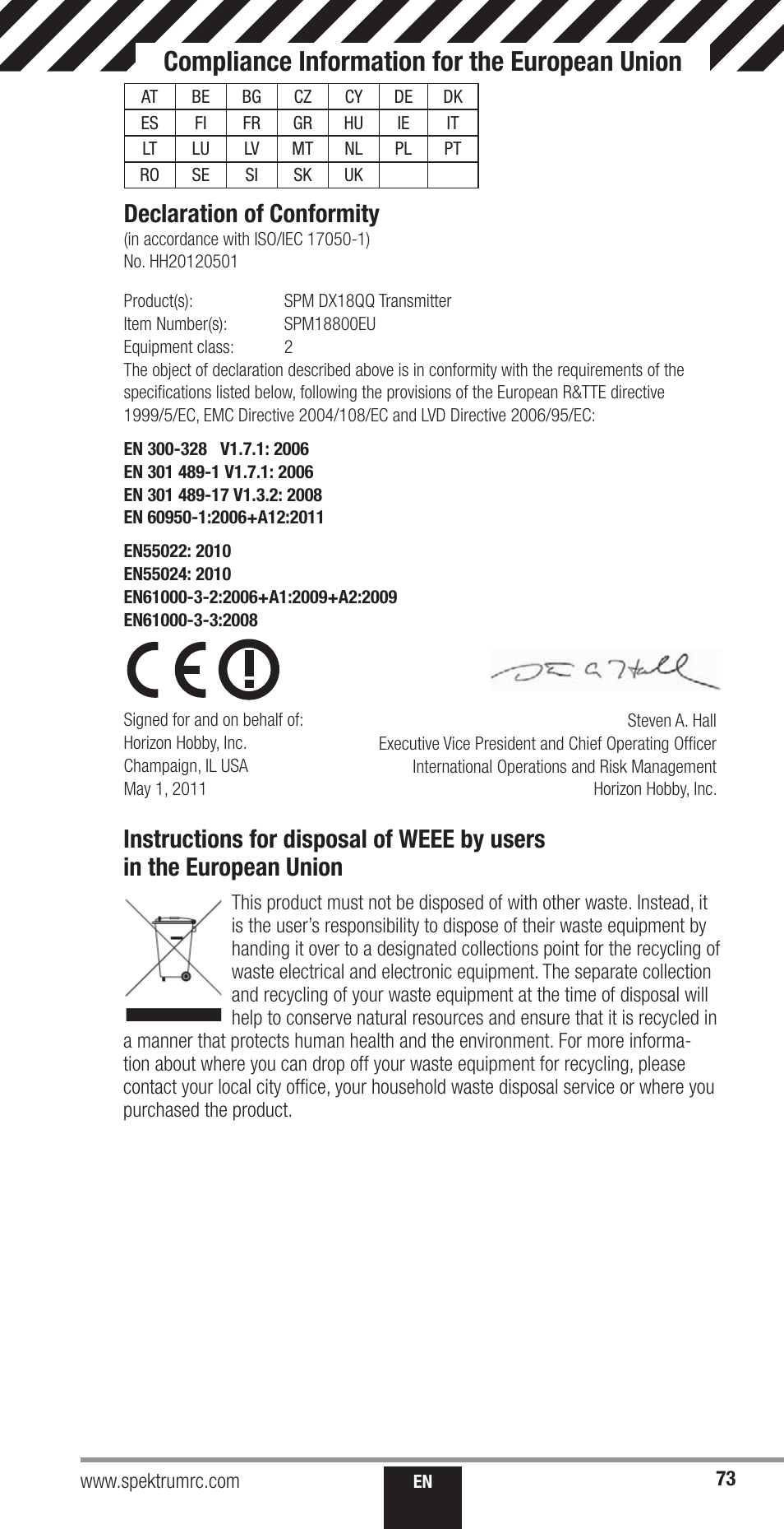 Compliance information for the european union, Declaration of conformity | Spektrum SPM18000 DX18QQ User Manual | Page 73 / 74