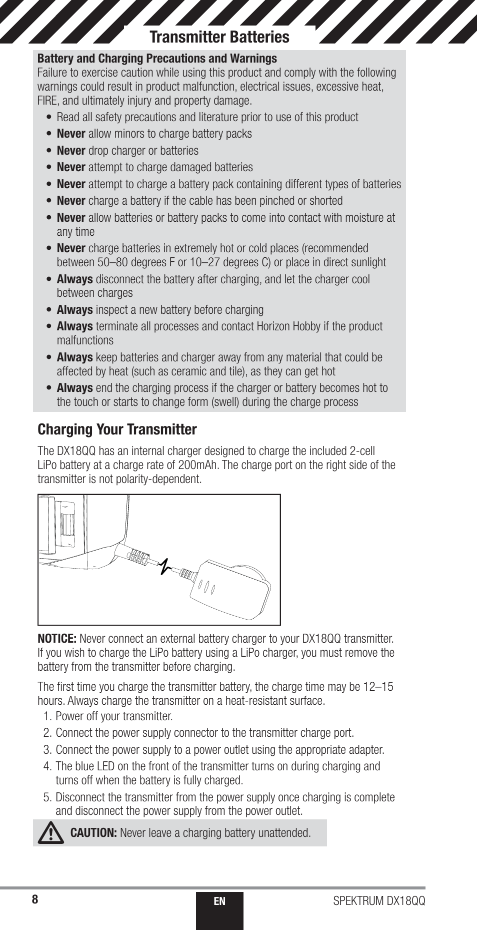 Transmitter batteries, Charging your transmitter | Spektrum SPM18000 DX18QQ User Manual | Page 8 / 74