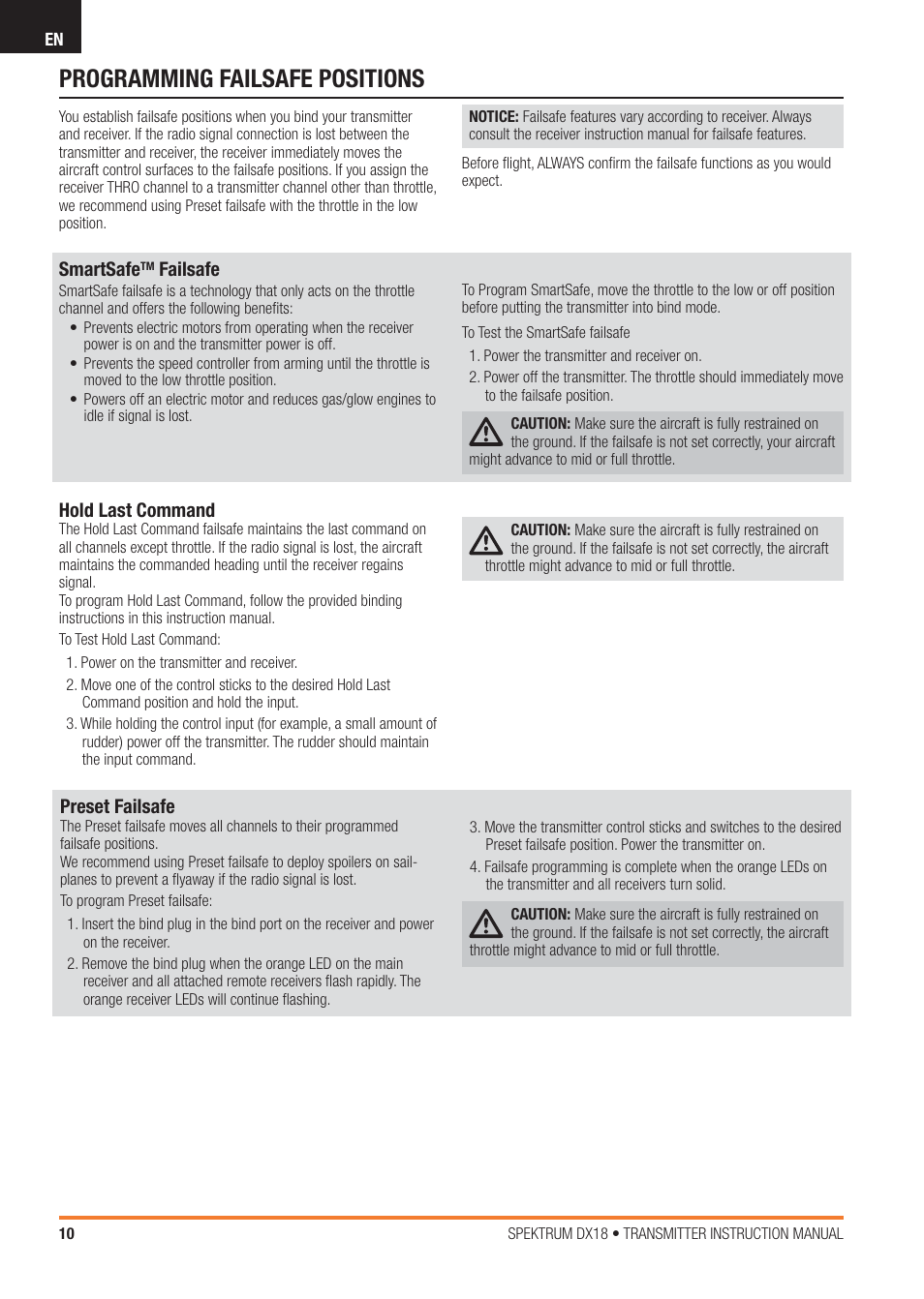 Programming failsafe positions, Smartsafe, Failsafe | Hold last command, Preset failsafe | Spektrum SPM18100 DX18 User Manual | Page 10 / 47