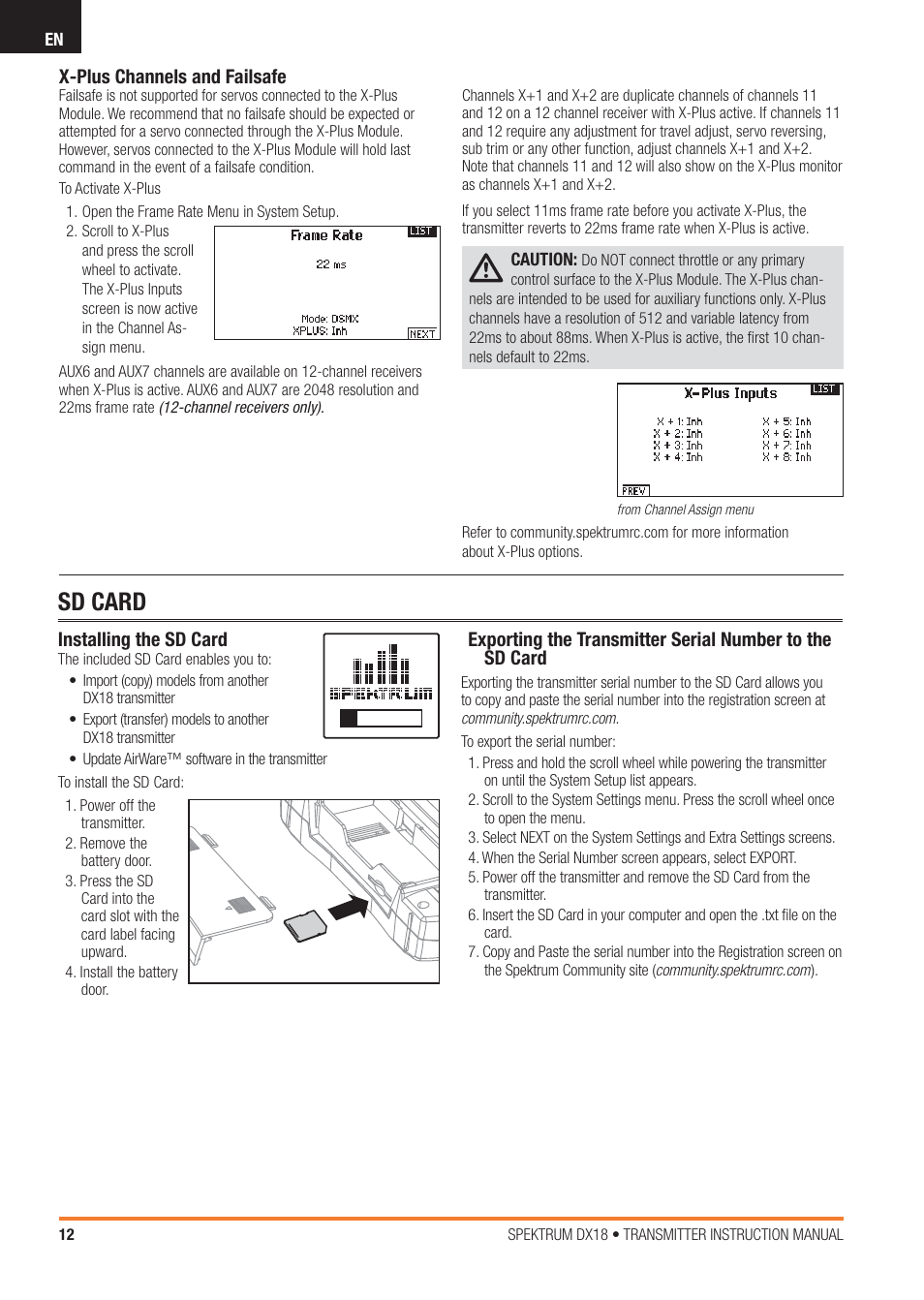 Sd card | Spektrum SPM18100 DX18 User Manual | Page 12 / 47