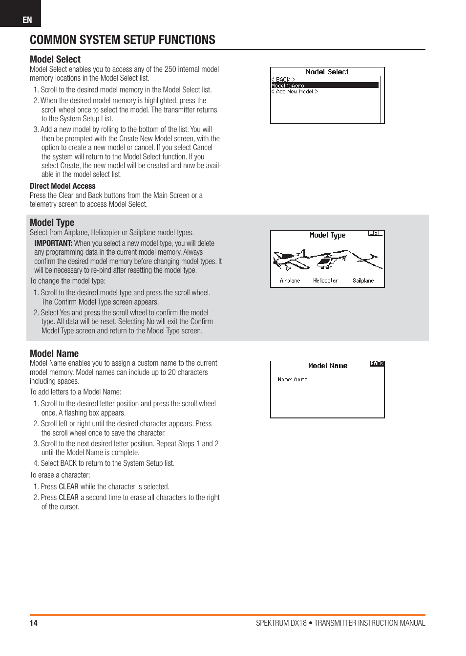 Common system setup functions | Spektrum SPM18100 DX18 User Manual | Page 14 / 47