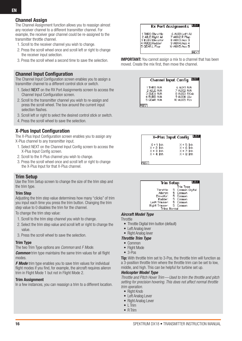 Channel assign, Channel input conﬁ guration, Trim setup | X-plus input conﬁ guration | Spektrum SPM18100 DX18 User Manual | Page 16 / 47