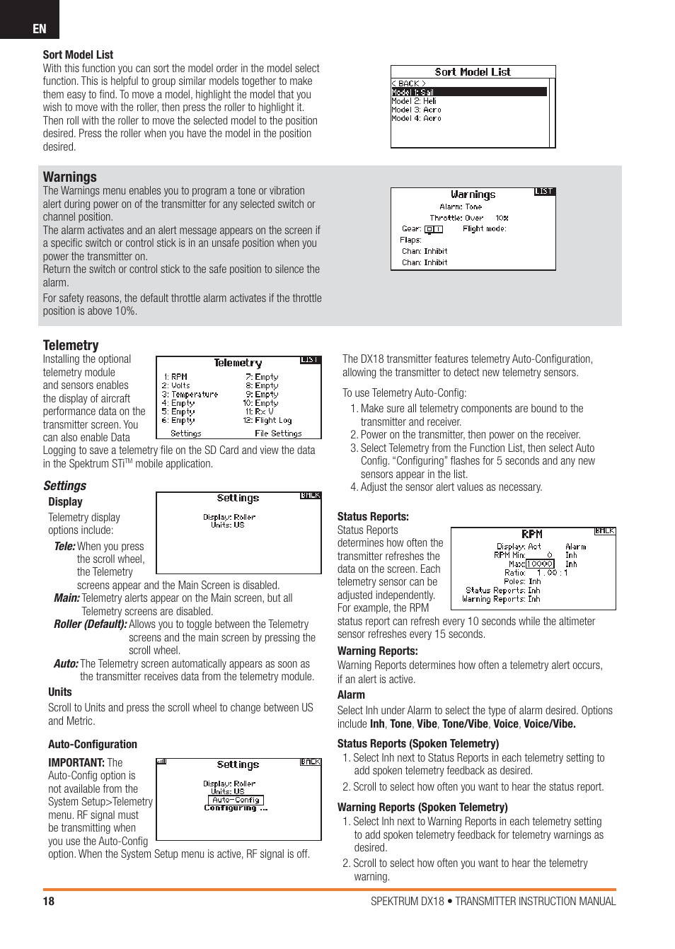 Telemetry, Warnings | Spektrum SPM18100 DX18 User Manual | Page 18 / 47