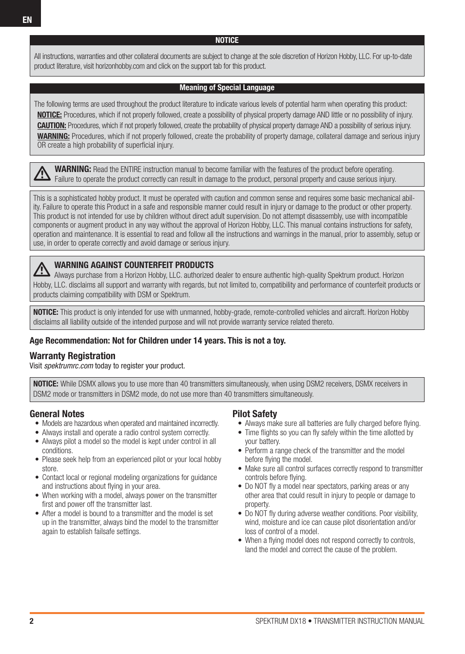 Warranty registration, Pilot safety | Spektrum SPM18100 DX18 User Manual | Page 2 / 47