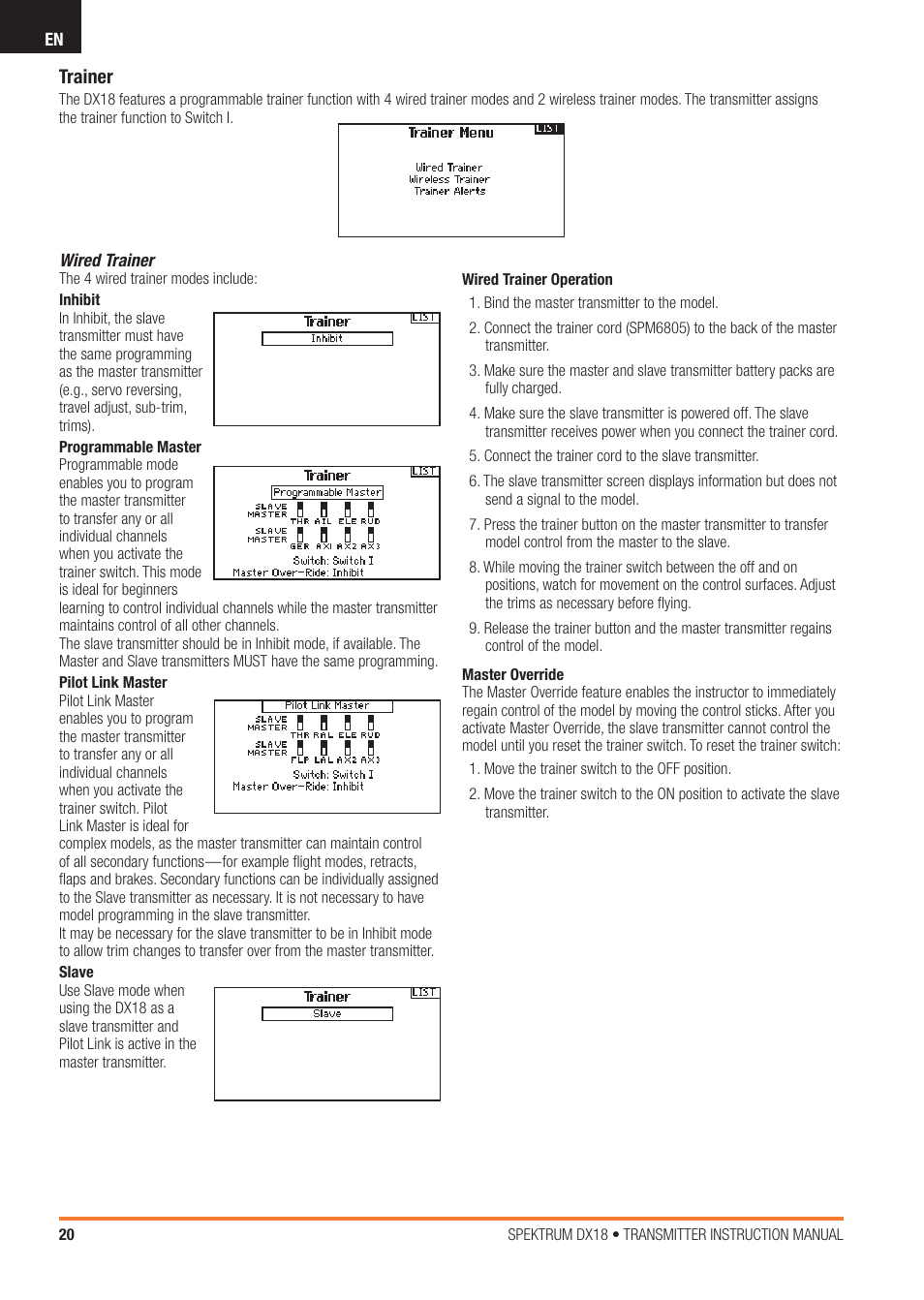 Trainer | Spektrum SPM18100 DX18 User Manual | Page 20 / 47