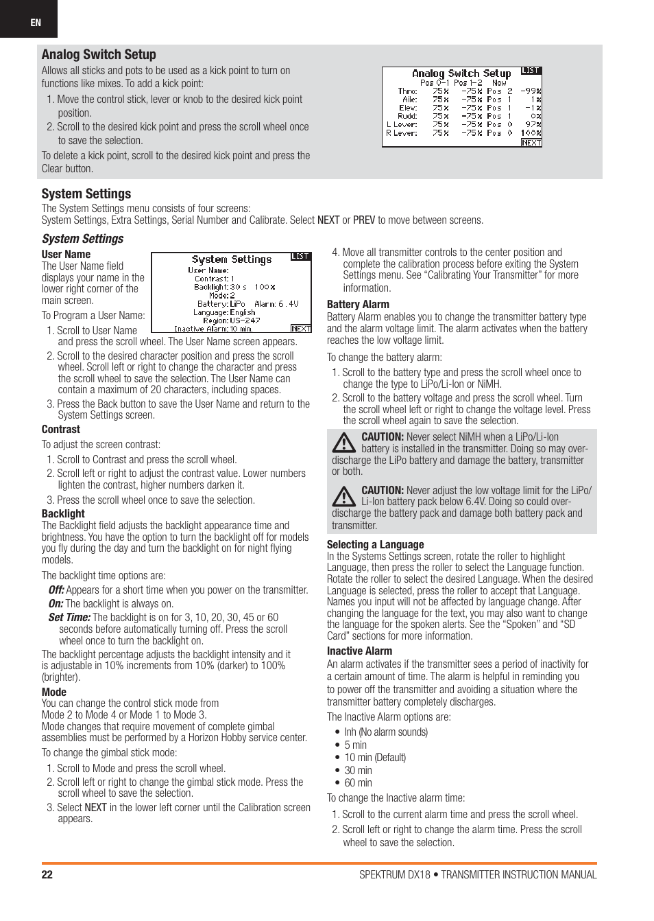 System settings, Analog switch setup | Spektrum SPM18100 DX18 User Manual | Page 22 / 47