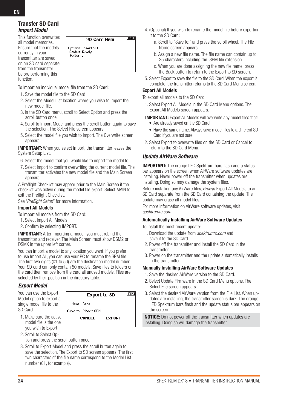 Transfer sd card | Spektrum SPM18100 DX18 User Manual | Page 24 / 47