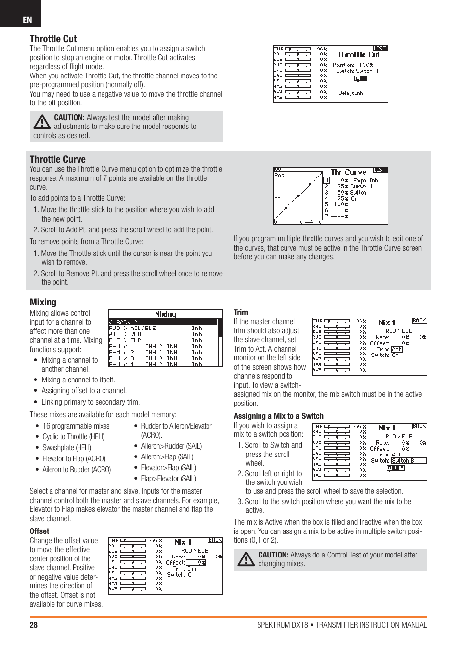 Throttle cut, Mixing, Throttle curve | Spektrum SPM18100 DX18 User Manual | Page 28 / 47