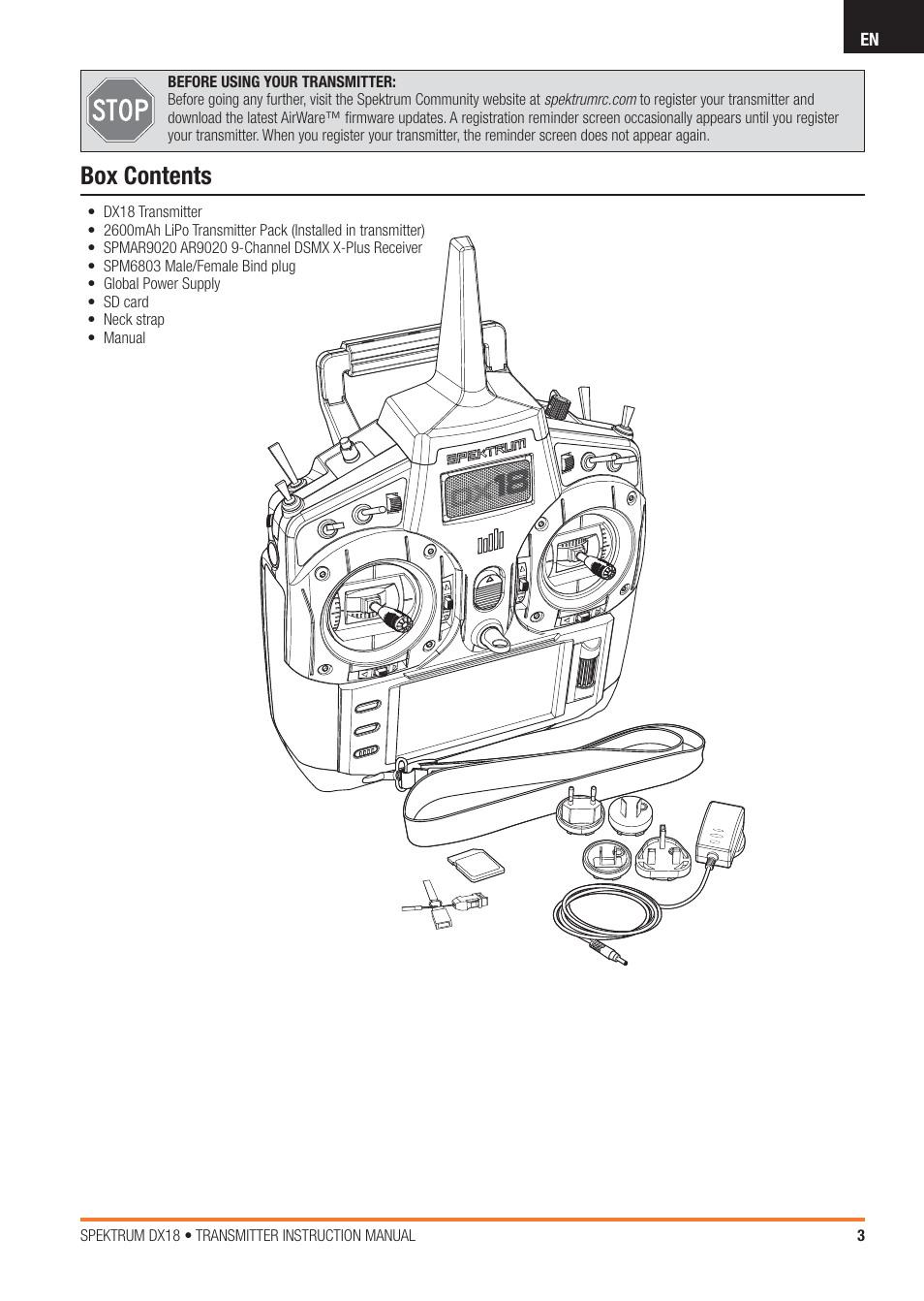 Box contents | Spektrum SPM18100 DX18 User Manual | Page 3 / 47