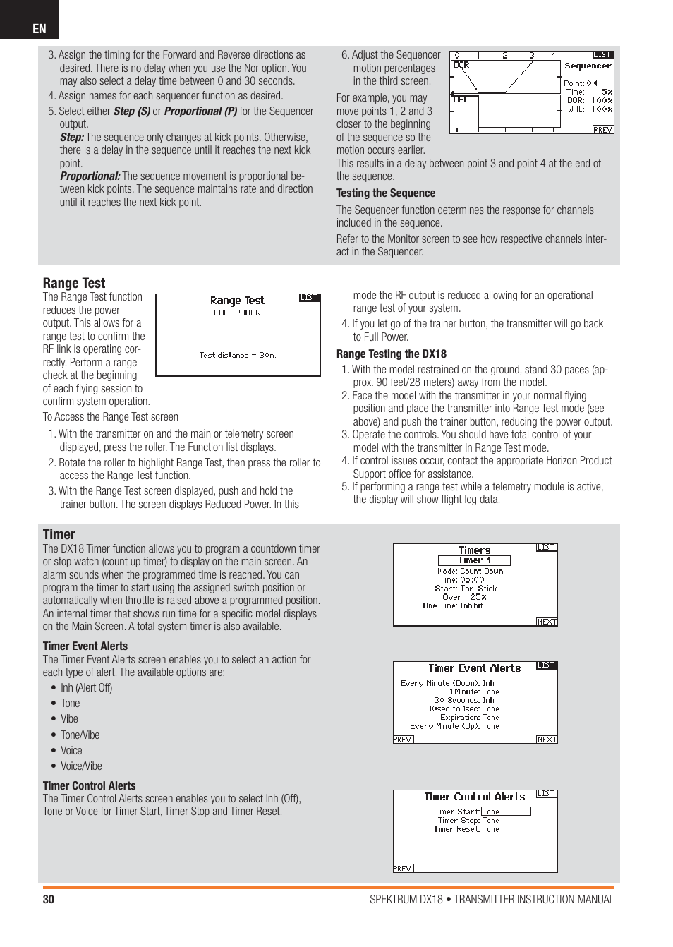 Timer, Range test | Spektrum SPM18100 DX18 User Manual | Page 30 / 47