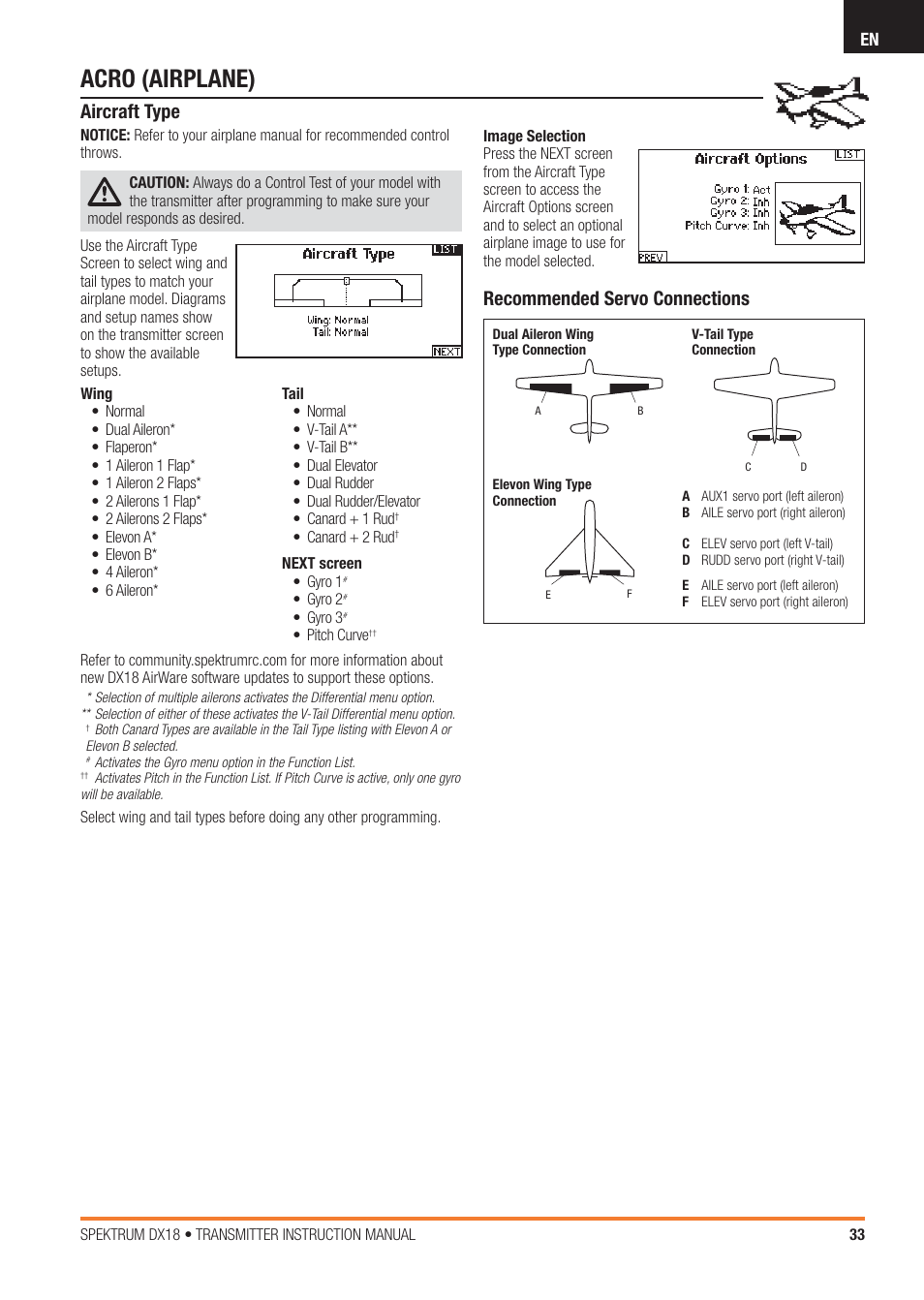 Acro (airplane), Aircraft type, Recommended servo connections | Spektrum SPM18100 DX18 User Manual | Page 33 / 47
