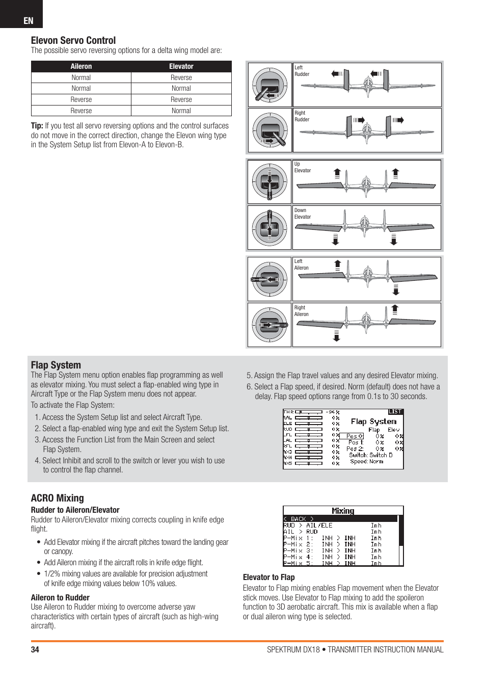 Elevon servo control, Flap system, Acro mixing | Spektrum SPM18100 DX18 User Manual | Page 34 / 47