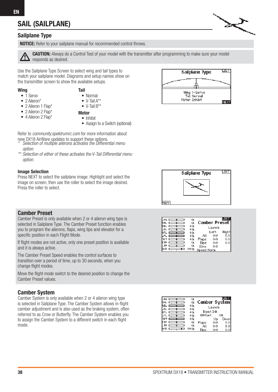 Sail (sailplane) | Spektrum SPM18100 DX18 User Manual | Page 38 / 47