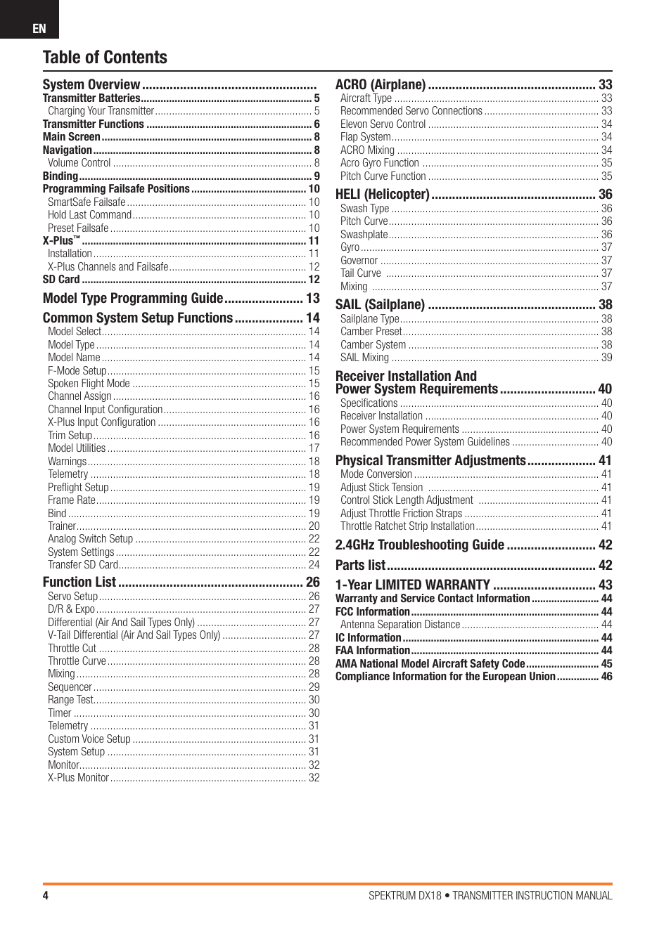 Spektrum SPM18100 DX18 User Manual | Page 4 / 47