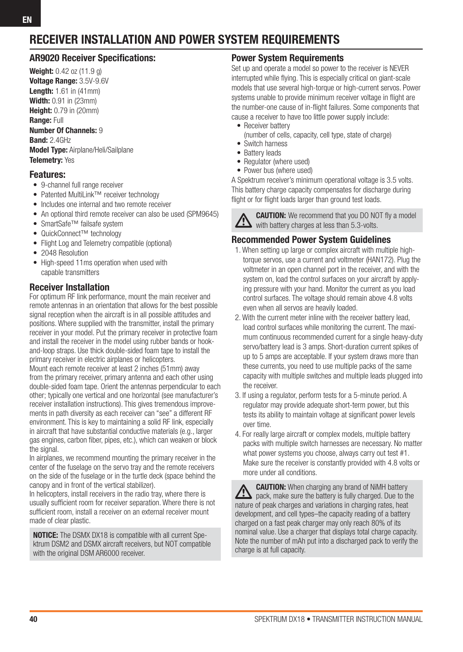Spektrum SPM18100 DX18 User Manual | Page 40 / 47