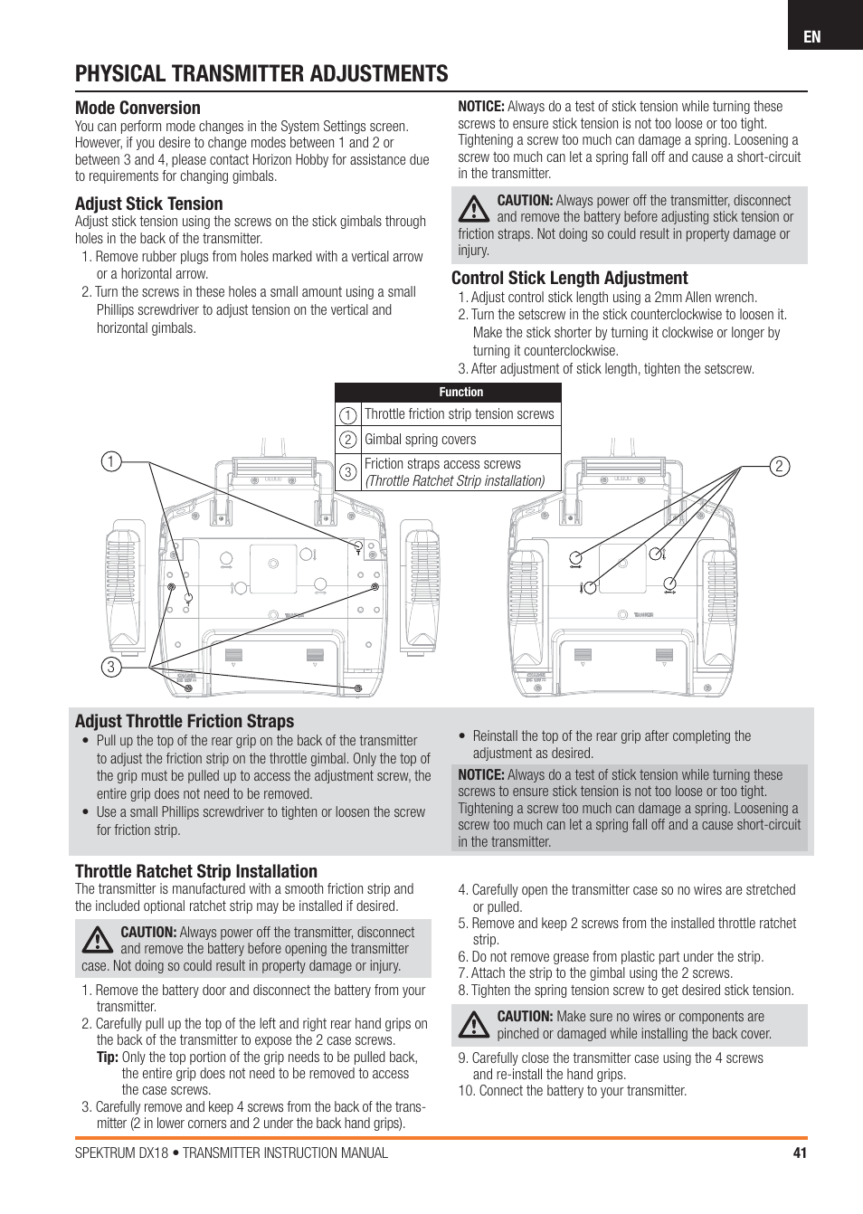 Physical transmitter adjustments, Mode conversion, Adjust stick tension | Control stick length adjustment, Throttle ratchet strip installation, Adjust throttle friction straps | Spektrum SPM18100 DX18 User Manual | Page 41 / 47