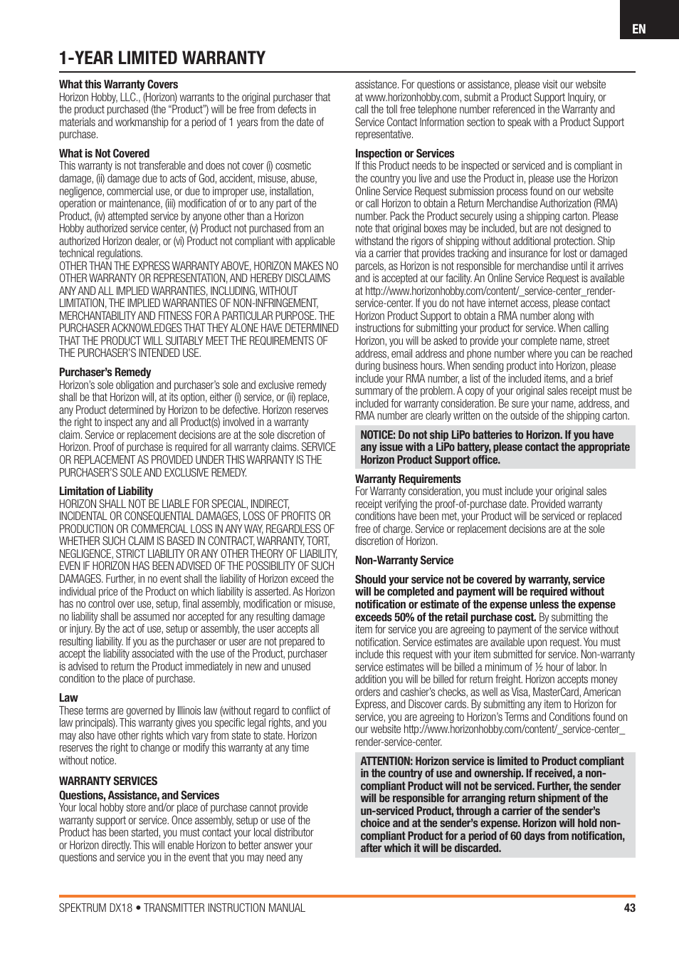 Year limited warranty | Spektrum SPM18100 DX18 User Manual | Page 43 / 47