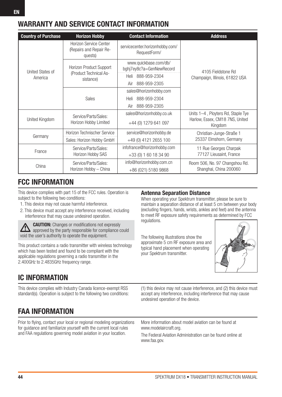 Warranty and service contact information, Fcc information faa information, Ic information | Spektrum SPM18100 DX18 User Manual | Page 44 / 47