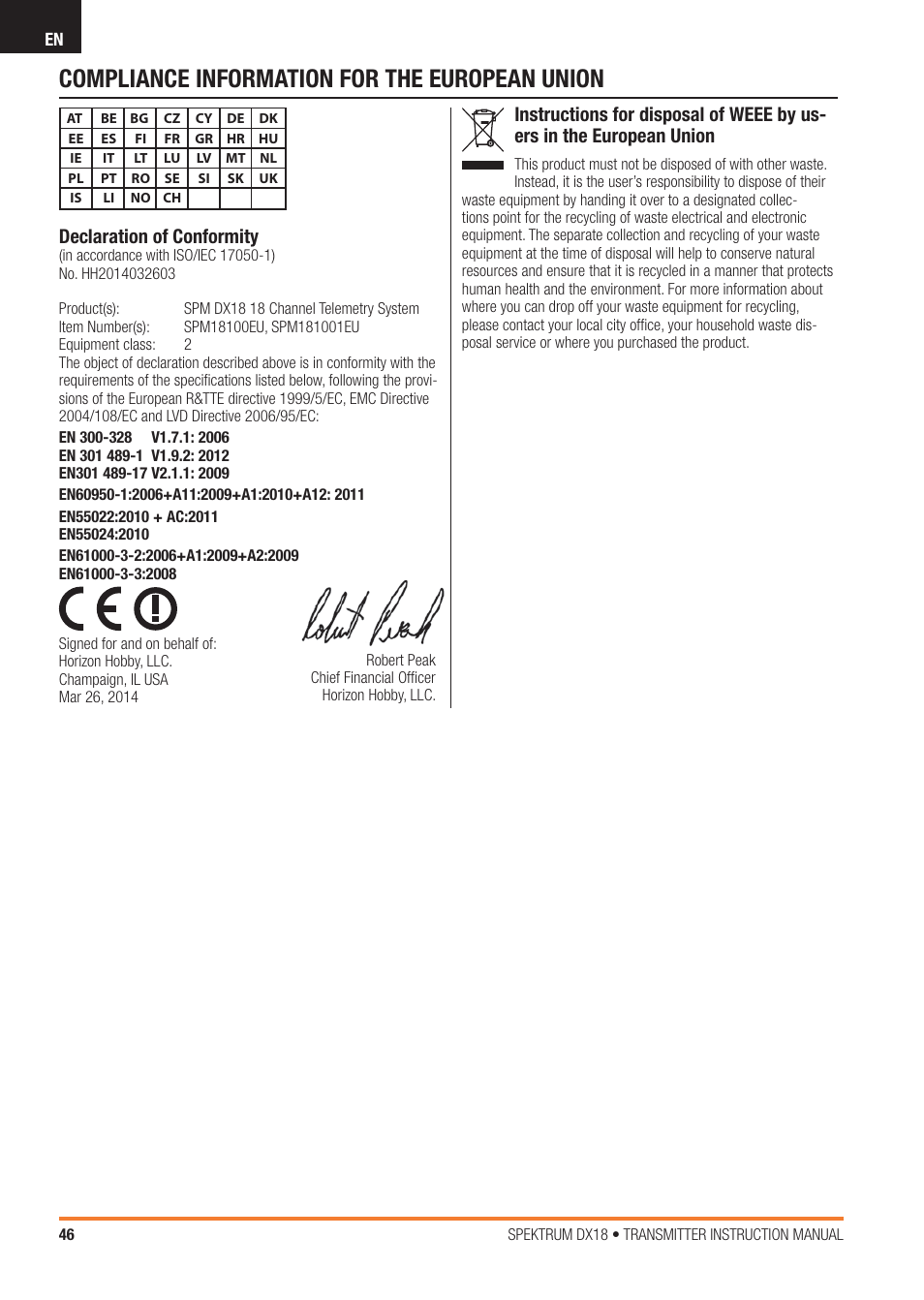 Compliance information for the european union, Declaration of conformity | Spektrum SPM18100 DX18 User Manual | Page 46 / 47