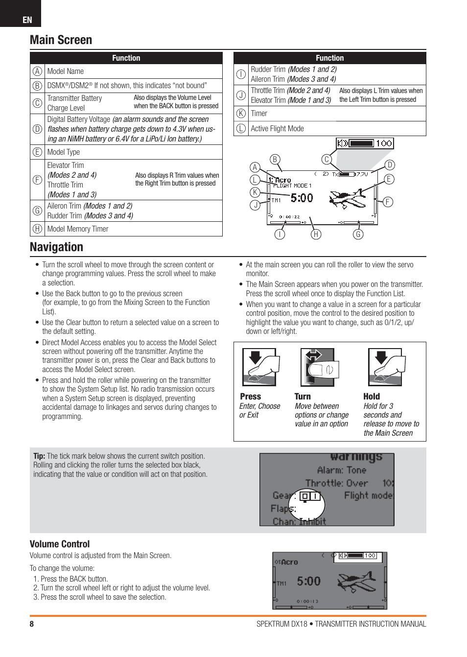 Navigation main screen, Volume control | Spektrum SPM18100 DX18 User Manual | Page 8 / 47