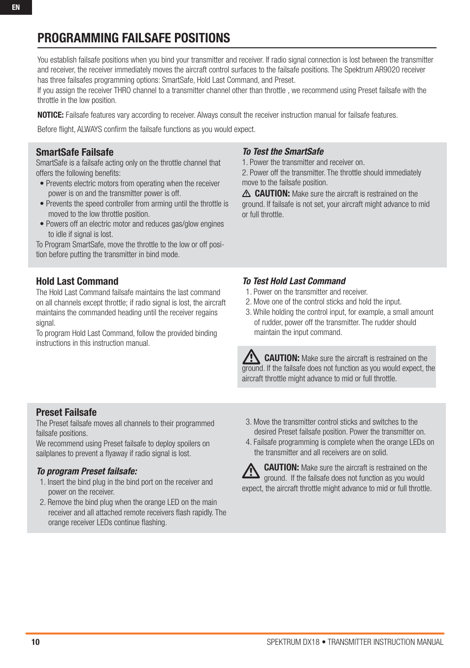 Programming failsafe positions | Spektrum SPM18000 DX18 w/AR9020 TX/RX ONLY MD2 User Manual | Page 10 / 42