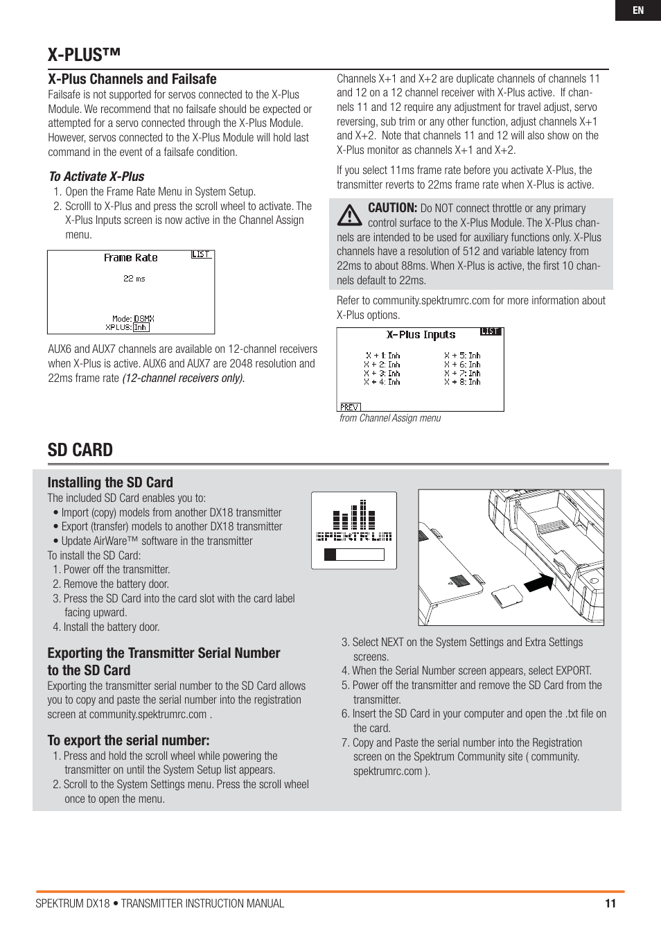 Sd card x-plus | Spektrum SPM18000 DX18 w/AR9020 TX/RX ONLY MD2 User Manual | Page 11 / 42