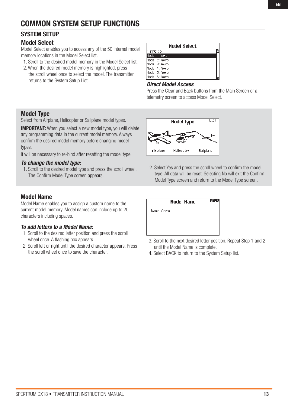 Common system setup functions | Spektrum SPM18000 DX18 w/AR9020 TX/RX ONLY MD2 User Manual | Page 13 / 42