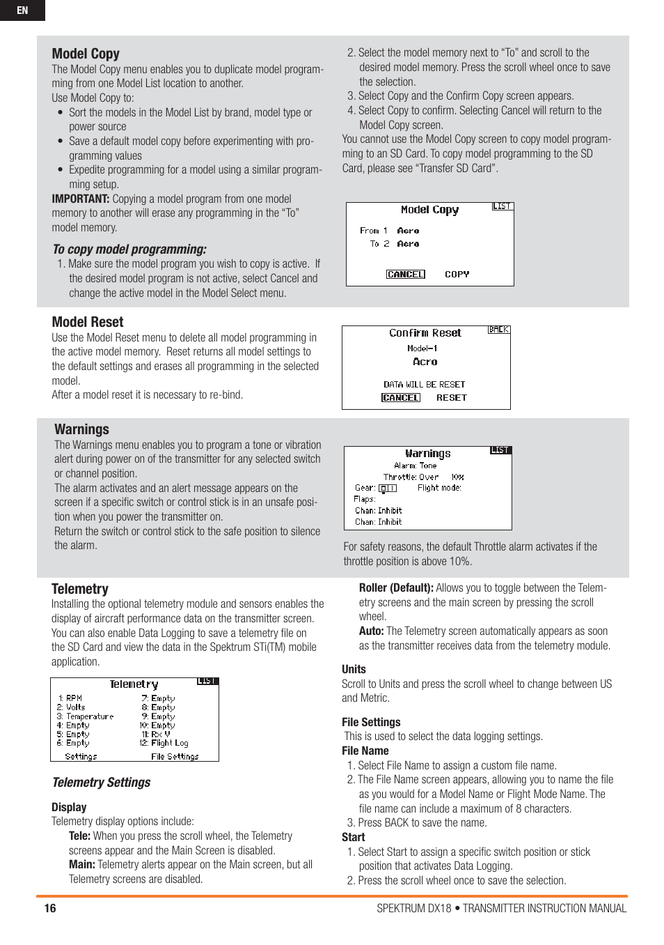 Warnings, Telemetry, Model reset | Model copy | Spektrum SPM18000 DX18 w/AR9020 TX/RX ONLY MD2 User Manual | Page 16 / 42