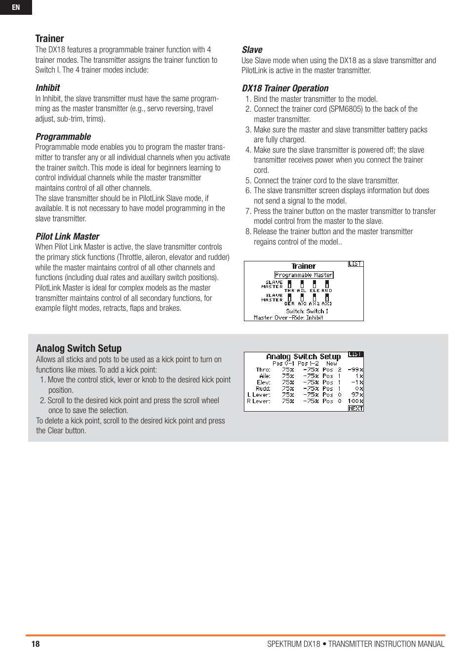 Trainer, Analog switch setup | Spektrum SPM18000 DX18 w/AR9020 TX/RX ONLY MD2 User Manual | Page 18 / 42