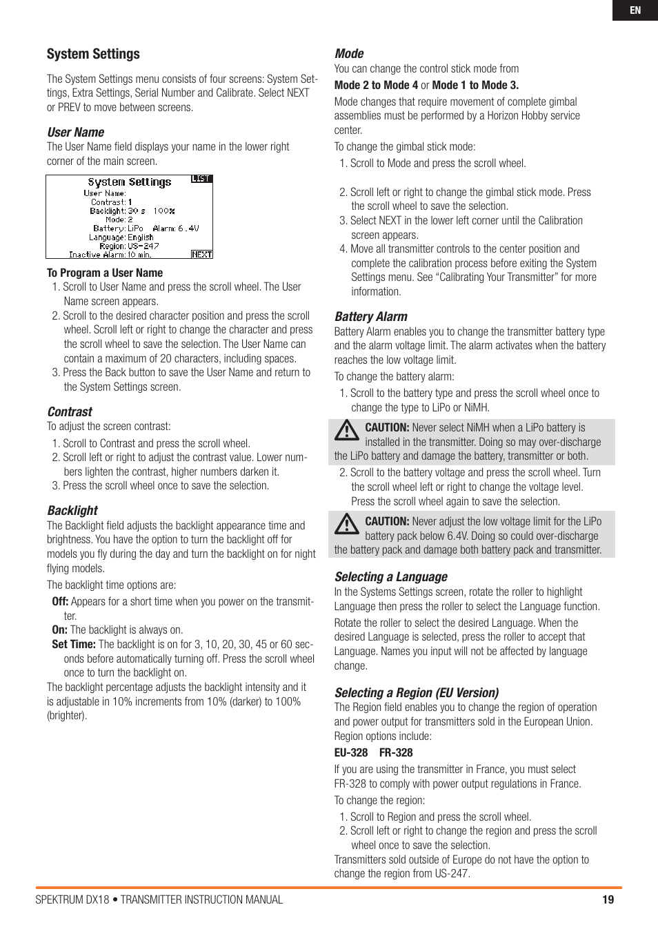 System settings | Spektrum SPM18000 DX18 w/AR9020 TX/RX ONLY MD2 User Manual | Page 19 / 42