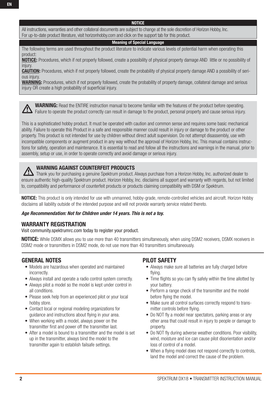 Warranty registration, Pilot safety | Spektrum SPM18000 DX18 w/AR9020 TX/RX ONLY MD2 User Manual | Page 2 / 42