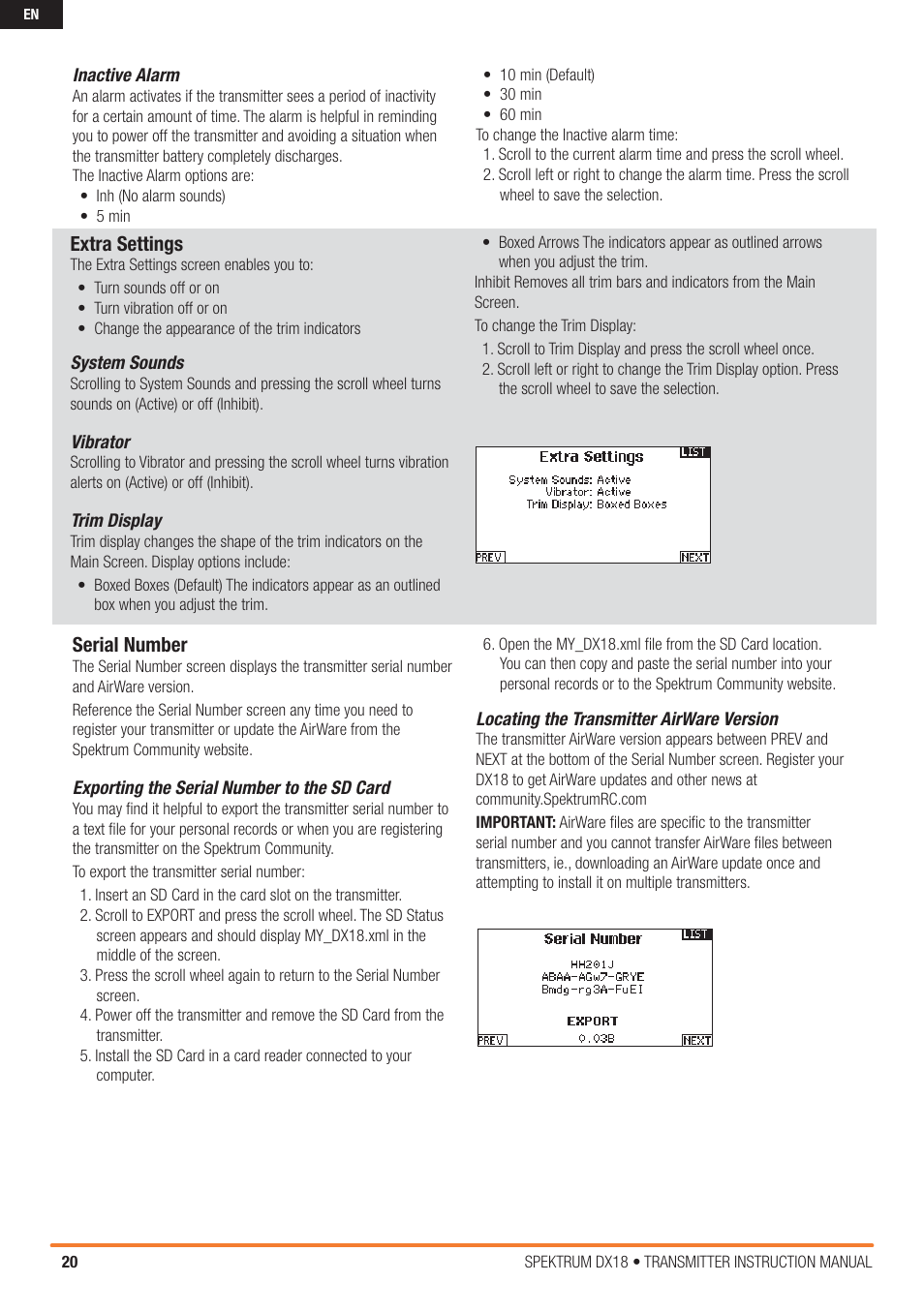 Extra settings, Serial number | Spektrum SPM18000 DX18 w/AR9020 TX/RX ONLY MD2 User Manual | Page 20 / 42