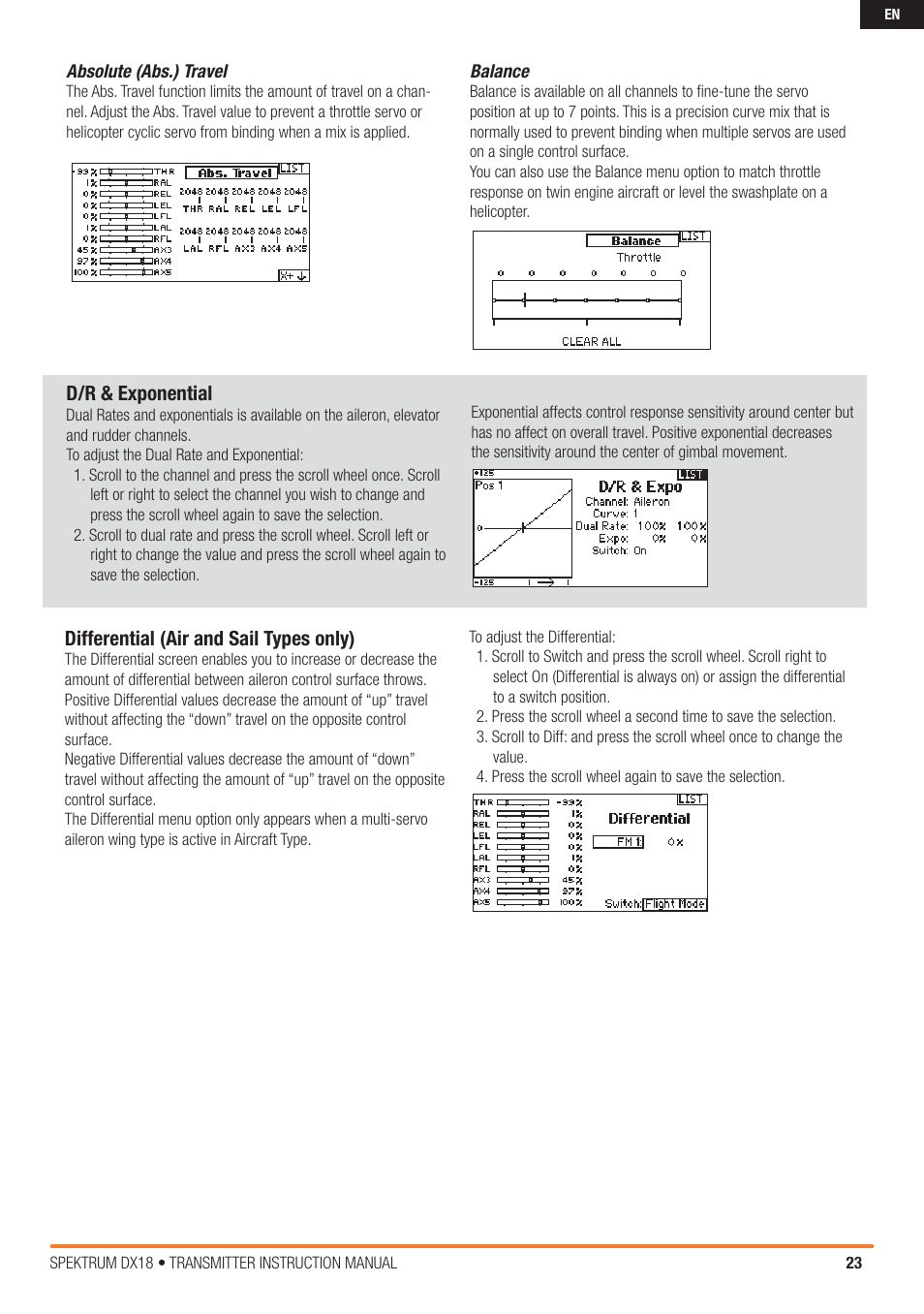 D/r & exponential, Differential (air and sail types only) | Spektrum SPM18000 DX18 w/AR9020 TX/RX ONLY MD2 User Manual | Page 23 / 42