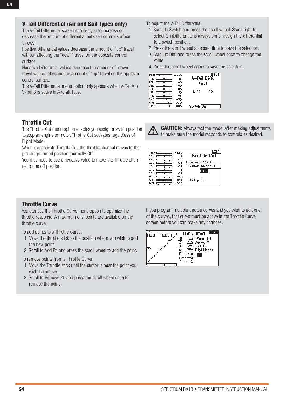 Throttle cut, Throttle curve, V-tail differential (air and sail types only) | Spektrum SPM18000 DX18 w/AR9020 TX/RX ONLY MD2 User Manual | Page 24 / 42