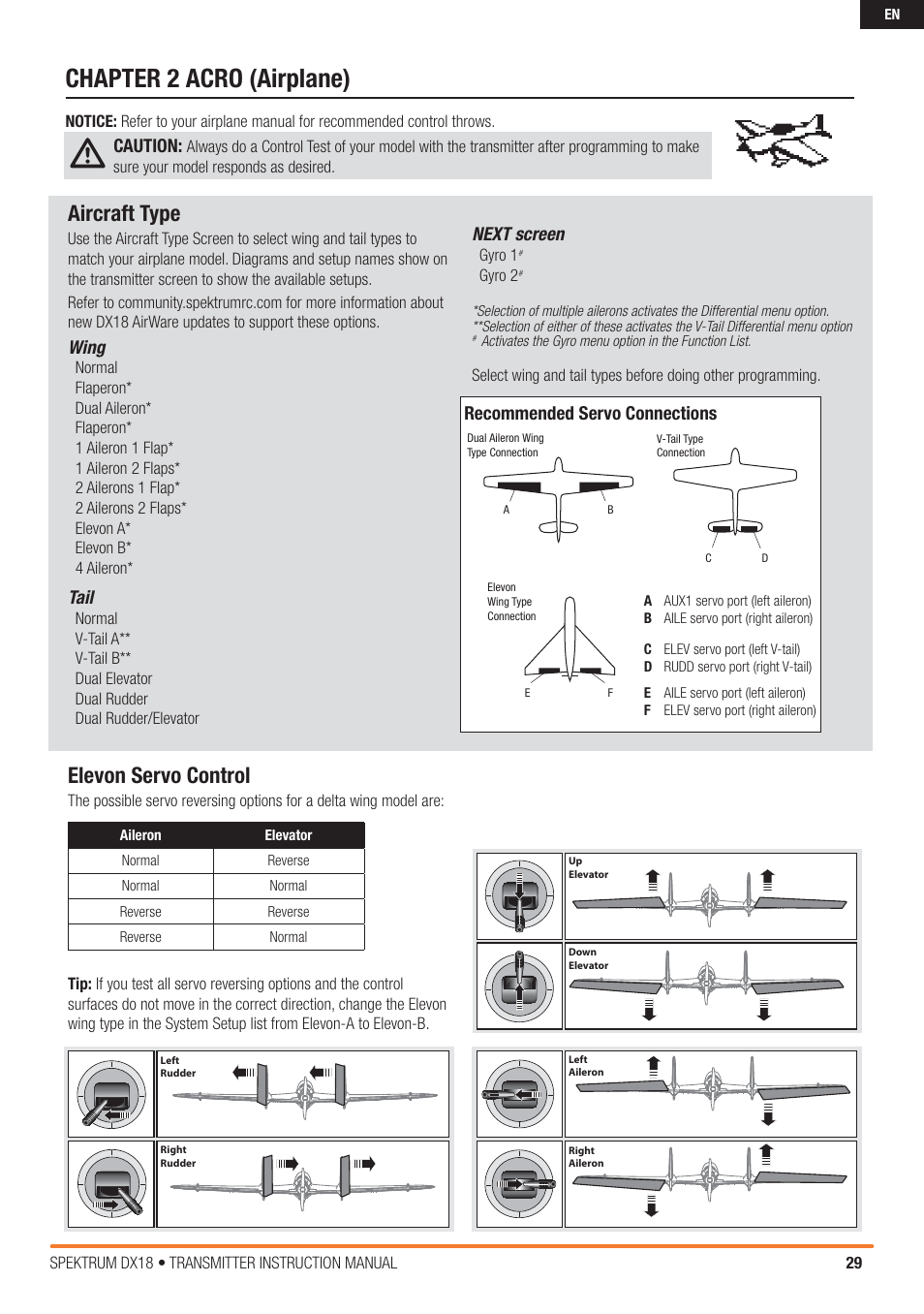 Chapter 2 acro (airplane), Aircraft type, Elevon servo control | Wing, Tail, Next screen, Caution, Recommended servo connections | Spektrum SPM18000 DX18 w/AR9020 TX/RX ONLY MD2 User Manual | Page 29 / 42