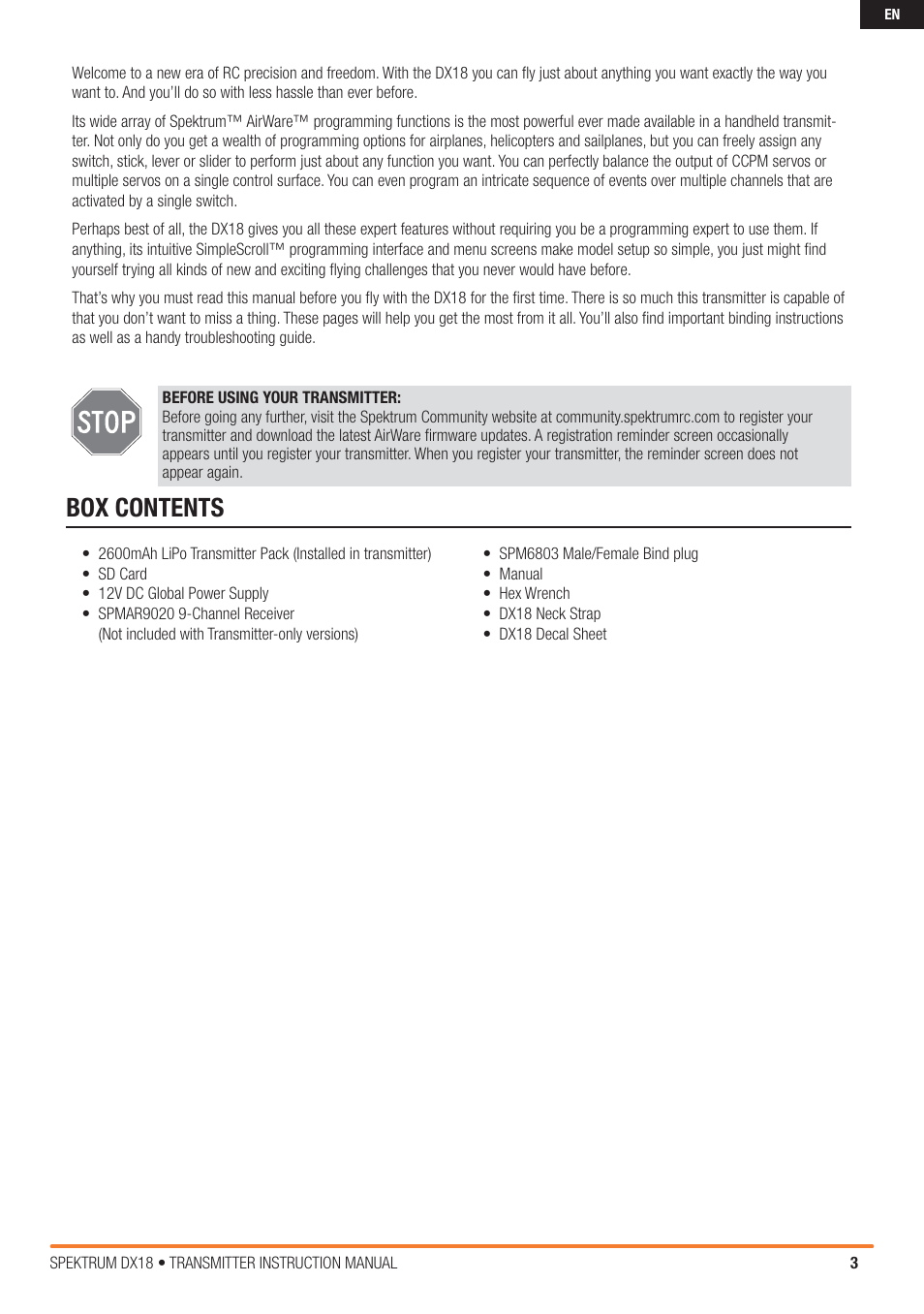 Box contents | Spektrum SPM18000 DX18 w/AR9020 TX/RX ONLY MD2 User Manual | Page 3 / 42
