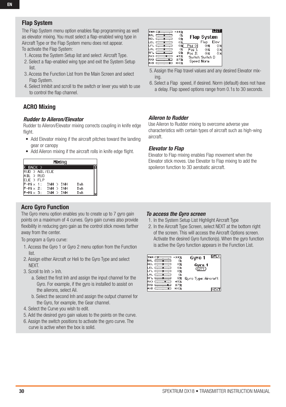 Flap system, Acro mixing, Acro gyro function | Spektrum SPM18000 DX18 w/AR9020 TX/RX ONLY MD2 User Manual | Page 30 / 42