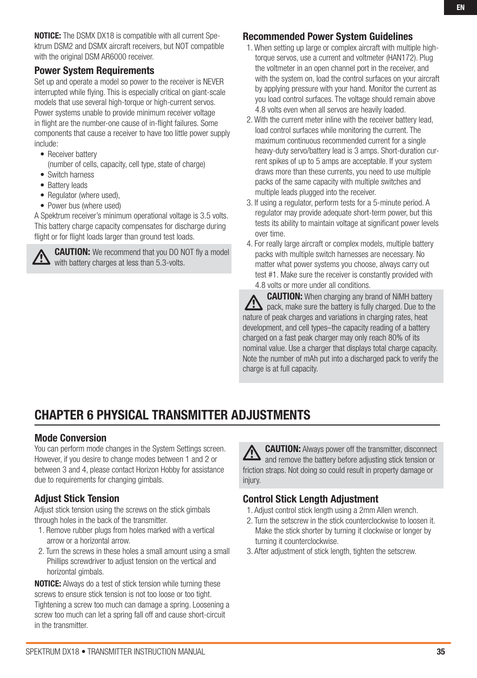 Chapter 6 physical transmitter adjustments | Spektrum SPM18000 DX18 w/AR9020 TX/RX ONLY MD2 User Manual | Page 35 / 42
