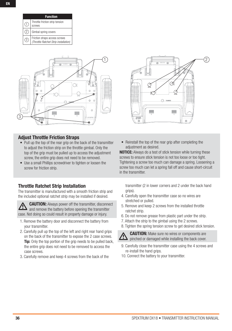 Throttle ratchet strip installation, Adjust throttle friction straps | Spektrum SPM18000 DX18 w/AR9020 TX/RX ONLY MD2 User Manual | Page 36 / 42