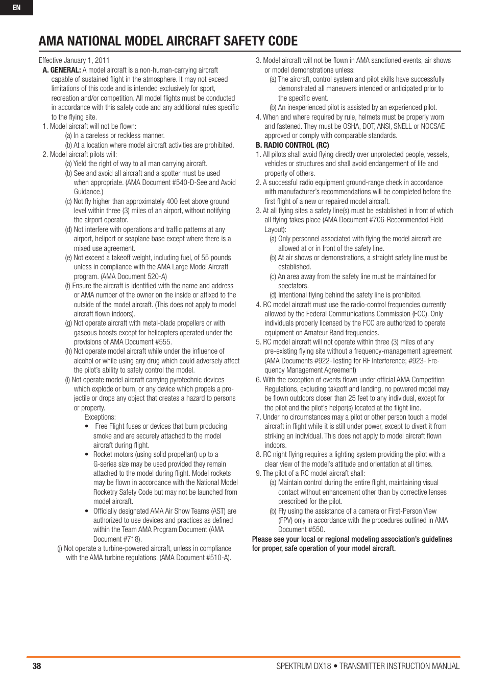 Ama national model aircraft safety code | Spektrum SPM18000 DX18 w/AR9020 TX/RX ONLY MD2 User Manual | Page 38 / 42