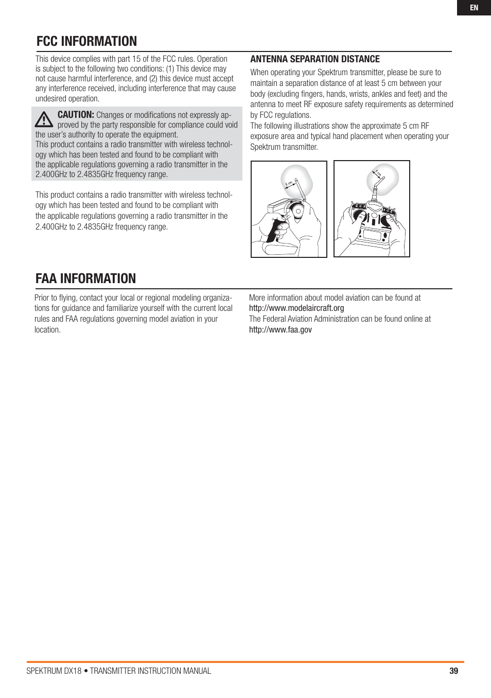 Fcc information faa information | Spektrum SPM18000 DX18 w/AR9020 TX/RX ONLY MD2 User Manual | Page 39 / 42