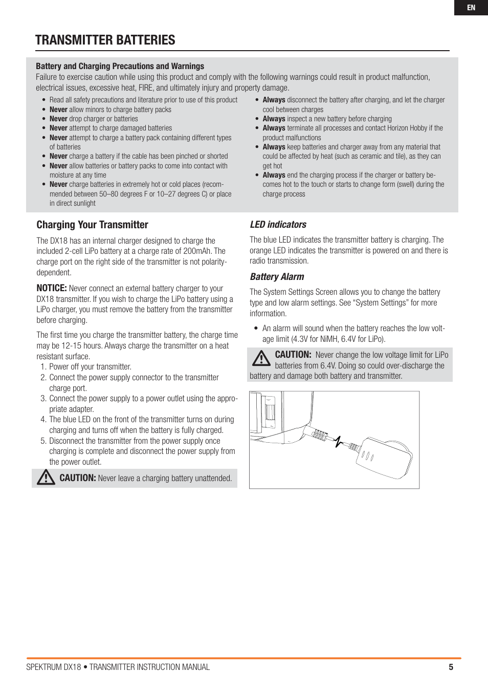 Transmitter batteries, Charging your transmitter | Spektrum SPM18000 DX18 w/AR9020 TX/RX ONLY MD2 User Manual | Page 5 / 42